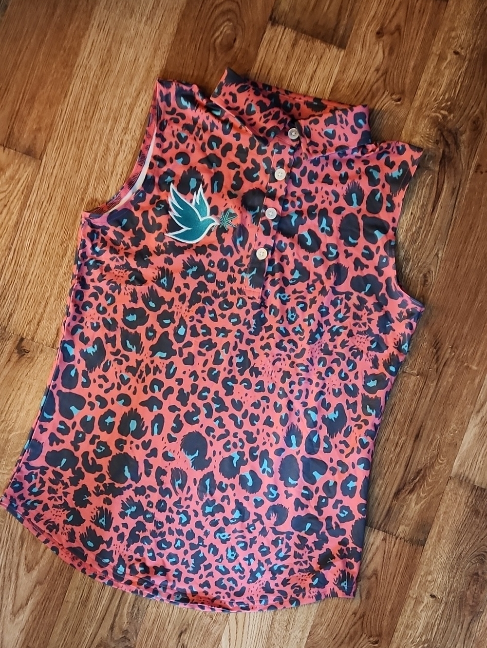 Sunday Swaggwr Coral Leopard Print Tank Top with Teal Bird Accent